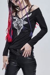 Chemise à manches longues à épaules dénudées pour femmes imprimée tête de mouton diable punk noire
